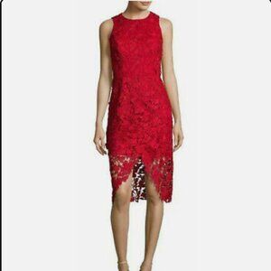 Betsy & Adam Red Crochet Lace Tulip Illusion Hem Cocktail Dress, Size 12